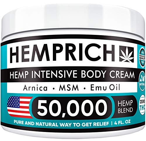 Product Cover Hemp Cream 50,000mg | 4oz - Made in USA - Back, Neck, Knee Pain Relief - Natural Hemp Oil Cream - Anti Inflammatory - Fast Sore Muscle & Joint Relief - Arnica, MSM, EMU Oil & Glucosamine - Non-GMO