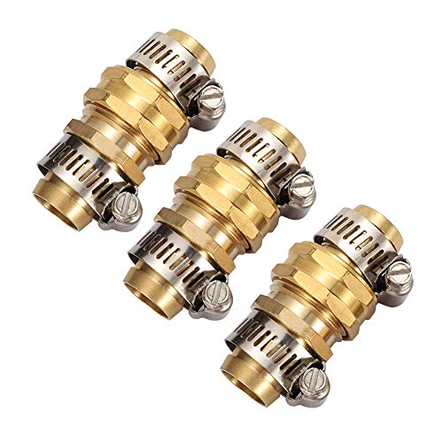 Product Cover 3Sets Brass Garden Hose Mender End Repair Kit Water Hose End Mender with Stainless Steel Clamp,Female and Male Hose Connector (3/4)