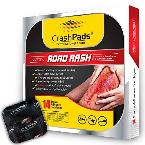 Product Cover CrashPads® Large Adhesive Bandages for Road Rash, Raspberries, Cuts, Scrapes and Burns (Crash Pads roadrash Dressing) [14pcs: 2-Large, 4-Medium and 8-Small]