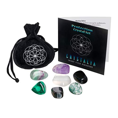 Product Cover Crystals for Protection/EMF - 7 pc Pocket-Sized Crystal Healing Set - Obsidian, Fluorite, Malachite, Hematite, Amethyst, Tree Agate, Clear Quartz + Informational Guide