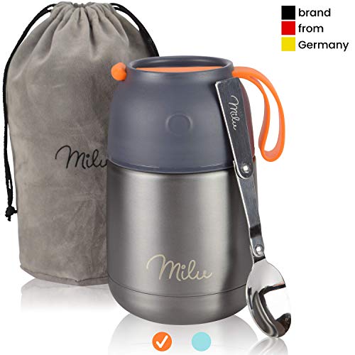 Product Cover Milu Thermos Food Jar with Folding Spoon 15,2 oz / 22 oz Double Wall Insulated Stainless Steel Food Containers Wide Mouth Lunch Box for Hot & Cold Food for Kids Adults Babys - Gray/Orange 15,2 oz