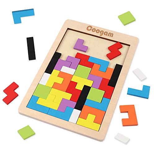 Product Cover Coogam Wooden Tetris Puzzle Brain Teasers Toy Tangram Jigsaw Intelligence Colorful 3D Russian Blocks Game STEM Montessori Educational Gift for Baby Kids (40 Pcs)