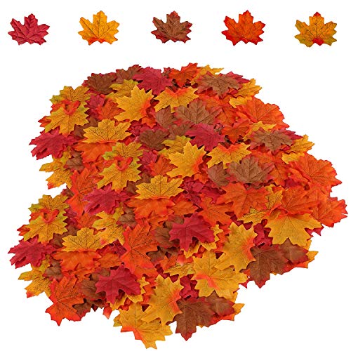 Product Cover HENMI 500PCS Artificial Maple Leaves 5 Assorted Mixed Fake Fall Maple Leaf Lifelike Looking Silk Autumn Leaf Garland for Halloween Fall Decor Party Festival Thanksgiving Table Decorations