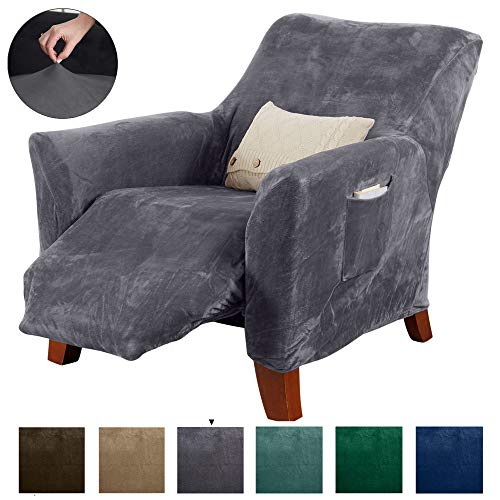 Product Cover Modern Velvet Plush Recliner Slipcover. Strapless One Piece Stretch Recliner Cover. Recliner Cover for Living Room. Magnolia Collection Slipcover. (Recliner, Grey)