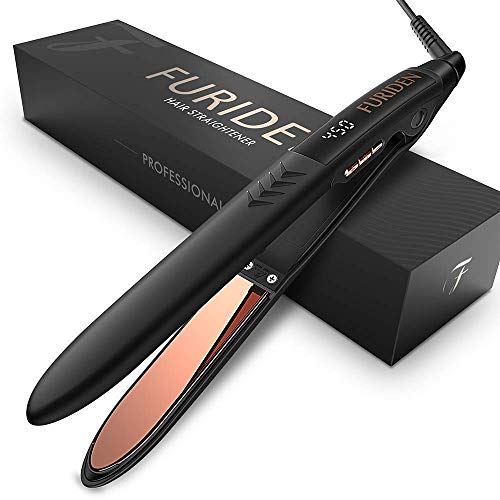 Product Cover Professional Hair Straightener Titanium Flat Iron For Hair: FURIDEN Hair Straightening And Curling Iron 2 In 1 With 1 Inch Plates, Thin Flat Iron For All Hair Types With Dual Voltage, Black