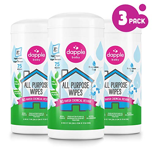 Product Cover Dapple All Purpose Wipes, Fragrance Free, Plant Based, Hypoallergenic, 75 Count (Pack of 3)