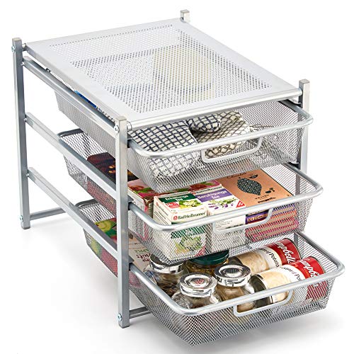 Product Cover EZOWare 3 Tier Pull Out Organizer Cabinet Sliding Drawers for Bathroom, Office, Countertop, Pantry, k-Cups, Under The Sink, and Kitchen - Silver