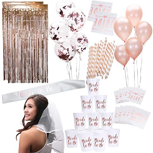 Product Cover Rose Gold Pink Bachelorette Party Supplies Decorations Kit | Balloons, Backdrop, Cups, Straws, Tattoos, Sash, and Veil