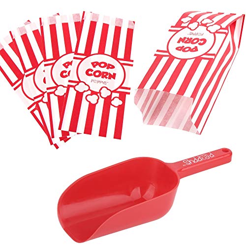 Product Cover Poppy's Popcorn Scoop and Popcorn Bags Bundle, Nostalgic Popcorn Accessories for Popcorn Machine and Popcorn Bar, Popcorn Scooper and Bags for Carnival|Movie Night|Circus Party Supplies (50)