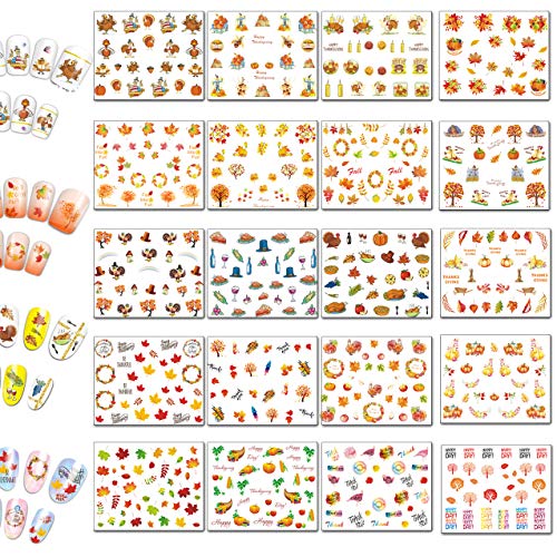 Product Cover TailaiMei Thanksgiving Nail Decals Stickers 20 Sheets 600 Pcs Self-adhesive Tip and Water Transfer Set - DIY Nail Art Waterslide Include Turkey/Autumn/ Maple/Fall Leaves/Pumpkin