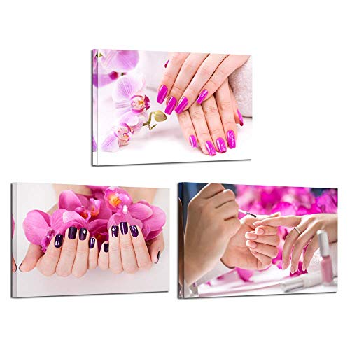 Product Cover Kreative Arts 3 Pieces Canvas Prints Purple Orchid Flowers Nail-Painting Wall Art Hands Spa Pictures Beauty Salon Manicure Posters Printed On Canvas for Nail Salon Walls Decor 16x24inchx3pcs
