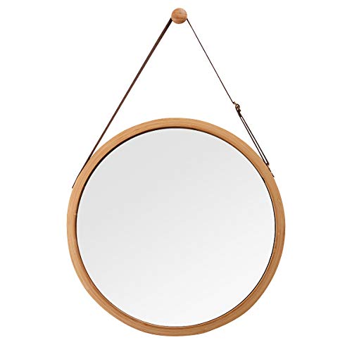 Product Cover Hanging Round Wall Mirror in Bathroom & Bedroom - Solid Bamboo Frame & Adjustable Leather Strap, Makeup Dressing Home Decor (Bamboo Natural, 15