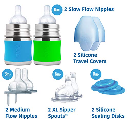 Product Cover Pura Stainless Starter Gift Set with 5 oz/150 ml Stainless Steel Infant Bottles(2) Silicone Slow-Flow Nipples(2), Medium-Flow Nipples(2), XL Sipper Spouts(2) Sealing Disks(2), Sleeves(2)- Aq&Gr