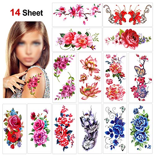 Product Cover Flower Temporary Tattoos for Women Teens Girls(14 Sheets),Konsait Rose Lotus Cherry Blossoms Waterproof Temporary Tattoo Festival Fake Tattoo Body Art Stickers for Summer Beach Pool Party