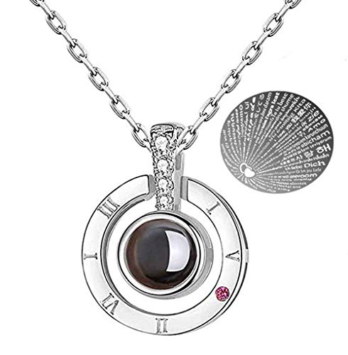 Product Cover Woman Necklace Love Memory 925 Silver Projection Pendant 100 Languages I Love You to Lover, Mom,Grilfriend (Black)