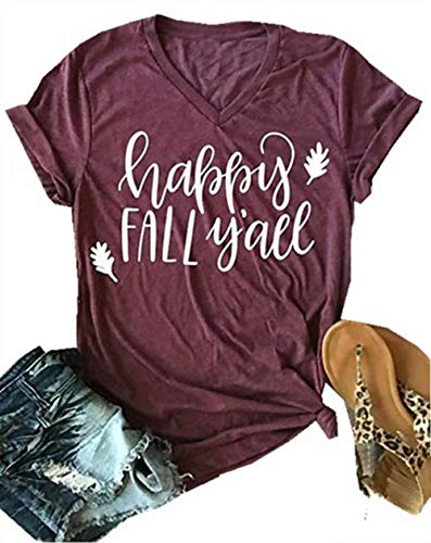 Product Cover Thanksgiving Happy Fall Y'all V Neck T Shirts Womens Funny Pumpkin Spice Short Sleeve Tops Blosue Size XL (Red)