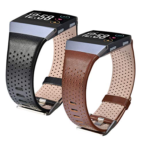 Product Cover CAGOS Compatible Ionic Band Breathable Genuine Leather Band Strap Replacement Accessories Wristband for Fitbit Ionic Women Men (Dark Brown+Black, Large(6.29''-8.66''))