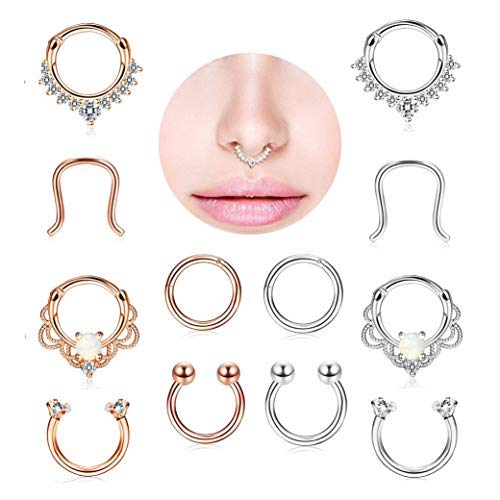 Product Cover Finrezio 12Pcs 316L Stainless Steel Septum Piercing Nose Rings Hoop Cartilage Tragus Retainer Body Piercing Jewelry 8MM 16G Rose-Gold Tone & Silver Tone