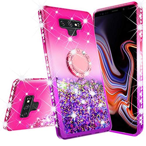 Product Cover Galaxy Note 9 Case,Liquid Glitter Ring Kickstand Shock Proof Quicksand Bling Cover Compatible for Samsung Galaxy Note 9 Phone Cases Girls Women, Hot Pink/Purple