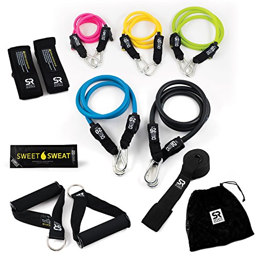 Product Cover Sweet Sweat Resistance Training Bands (5, 10, 15, 20 & 25 lbs) - Includes Sweet Sweat Sample, Mesh Carrying Bag, Handles, Leg & Wall Attachment - 75lbs of Total Resistance! (75)