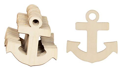 Product Cover Unfinished Wood Cutout - 24-Pack Anchor Shaped Wood Pieces for Wooden Craft DIY Projects, Art Class, Pirate Mermaid Ocean Sea Themed Party, Home Decoration, Embellishment, 3.7 x 3.5 x 0.1 Inches