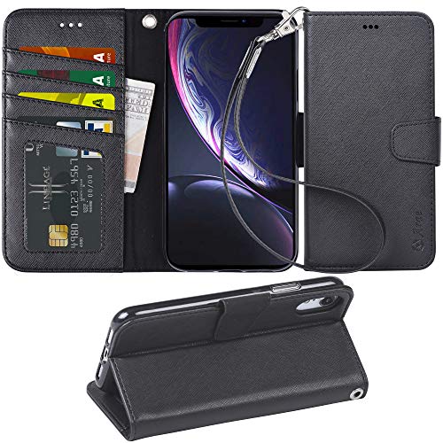 Product Cover Arae Wallet Case Designed for iPhone xr 2018 PU Leather flip case Cover [Stand Feature] with Wrist Strap and [4-Slots] ID&Credit Cards Pocket for iPhone Xr 6.1 inch -Black