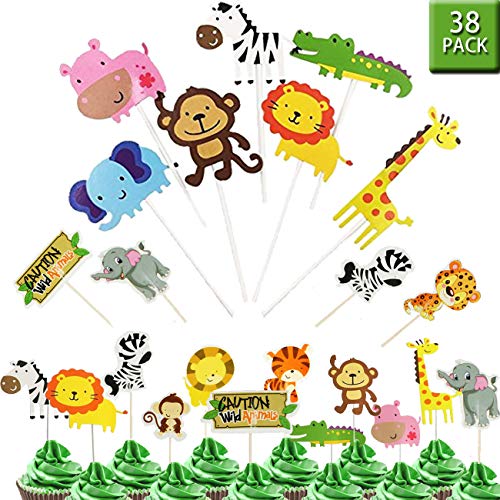 Product Cover OuMuaMua 38 Jungle Safari Animal Cupcake Toppers Picks - Zoo Animals Cake Decorations Food Picks Animal Theme Party Supplies for Kids Birthday, Baby Shower，Animal Theme Party Decorations