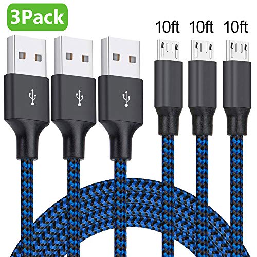 Product Cover Micro USB Cable, 3Pack 10FT Android Charger Cable Long Nylon Braided Sync and Fast Charging Cord Compatible Samsung Galaxy S7 S6 Edge, Kindle, Android Smartphones, PS4, Xbox, Tablets and More