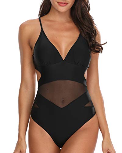 Product Cover Holipick Women Sexy One Piece Monokini Swimsuits V Neck Mesh Cutout Open Back Bathing Suit