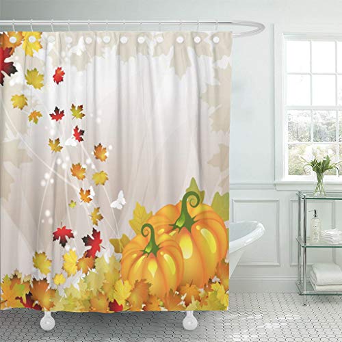 Product Cover Emvency Fabric Shower Curtain Curtains with Hooks Leaf Orange Pumpkin Vegetable with Tree and Fall Leaves Autumn Autumnal Crop Drawing Drawn Flora Floral 72