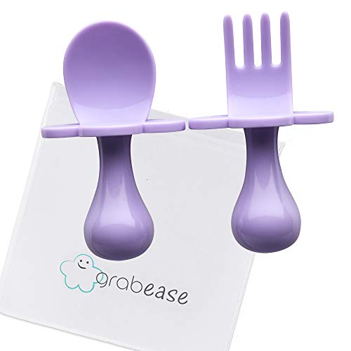 Product Cover GRABEASE First Training Self Feed Baby Utensils - Anti-Choke, BPA-Free Baby Spoon and Fork Toddler Utensils with Pouch Set - Toddler Silverware for Baby Led Weaning Ages 6 Months+ (Lavender)