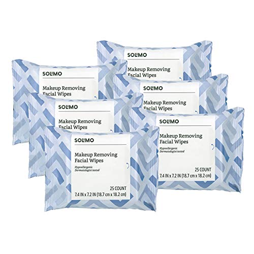 Product Cover Amazon Brand - Solimo Makeup Removing Facial Wipes, Dermatologist Tested, Hypoallergenic, 25 Count (Pack of 6)