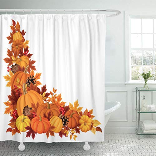 Product Cover Emvency Fabric Shower Curtain Curtains with Hooks Brown Thanksgiving Corner with Pumpkins and Autumn Leaves Colorful Border Fall Leaf Gourd November Season 72