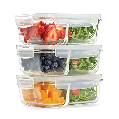Product Cover Fit & Fresh Divided Glass Containers, 3-Pack, Two Compartments, Set of 3 Containers with Locking Lids, Glass Storage, Meal Prep Containers with Airtight Seal