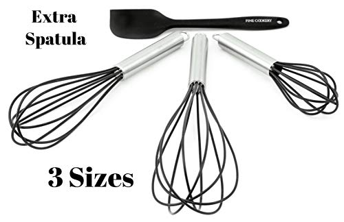 Product Cover Fine Cookery Premium Kitchen Whisk set of 3: (8-10-12 inch) made of Stainless Steel & Silicone for Blending,Whisking,Beating and Stirring with Extra black Silicone Spatula
