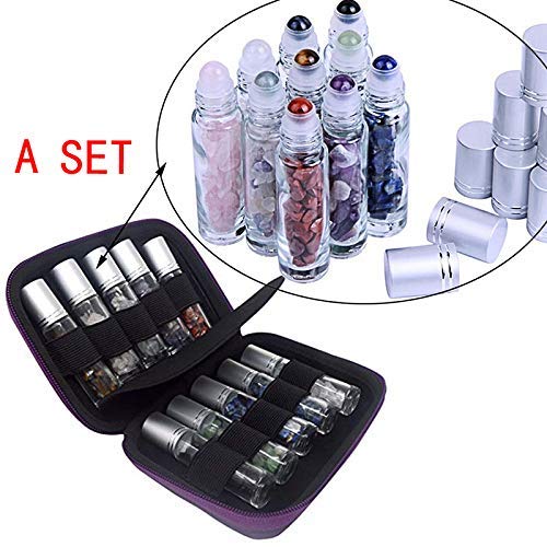Product Cover fengshuisale Essential Oil Roller Bottle EVA Carrying Travel Case and 10pcs Essential Oil Gemstone Roller Ball Bottles Frosted Glass Inside 10ml Healing Crystal Chips W3475
