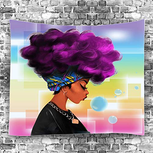 Product Cover Unitendo African American Black Girl Colourful Print Wall Hanging Tapestries Indian Polyester Picnic Bedsheet Afro Wall Art Decor Hippie Tapestry, 80''X 60'' Purple Hair Afro Girl.