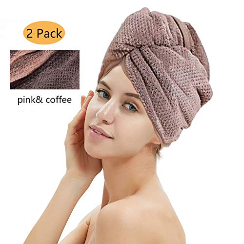Product Cover 2 Pack Hair Drying Towels, Hair Wrap Towels, Super Absorbent Microfiber Hair Towel Turban with Button Design to Dry Hair Quickly(Coffee& Pink)