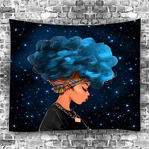 Product Cover Unitendo African American Black Girl Colourful Print Wall Hanging Tapestries Indian Polyester Picnic Bedsheet Afro Wall Art Decor Hippie Tapestry, 80''X 60'' Blue Hair Afro Girl.