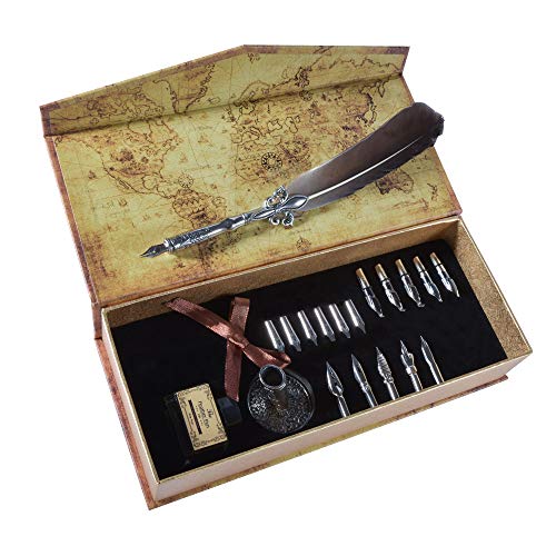 Product Cover AIVN Calligraphy Pen - Antique Feather Quill with 17 nibs - Writing Case with Black Ink