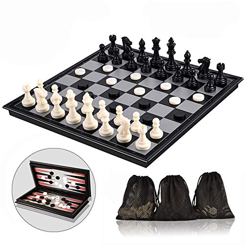 Product Cover 3-in-1 Chess Set - Travel Chess Set Magnetic Chess & Checkers & Backgammon Folding Chess Board Game, Portable Checkers with 3 Mesh Bags, Best Chess Games Gift for Kids and Adults 12.4 Inches