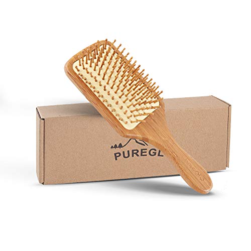 Product Cover Natural Wooden Hair Brush - pureGLO Bamboo Bristle Detangling Hairbrush for Women Men and Kids - Reduce Frizz, Massage Scalp for Straight Curly Wavy Dry Wet Thick or Fine Hair L