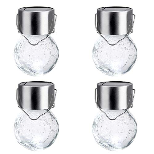 Product Cover GIGALUMI 4 Pack Hanging Solar Lights Christmas Yard Decoration, White LED Solar Crackle Globe Hanging Lights Waterproof Outdoor Solar Lanterns with Handle for Garden, Yard, Patio, Lawn