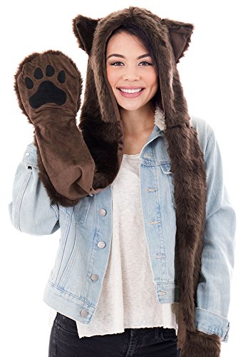 Product Cover Winter Cute Plush Furry Animal Hoodie Hat, Scarf, and Paw Mittens,Bear