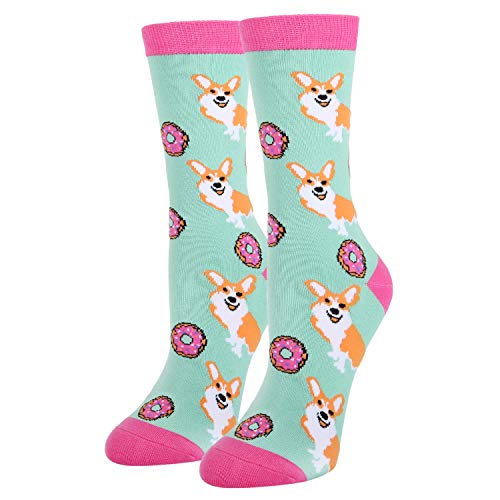 Product Cover Women Girls Novelty Funny Crazy Corgi Dog Crew Socks Cute Puppy with Donuts