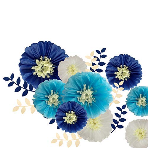 Product Cover Fonder Mols Navy Blue White Tissue Paper Flowers Decorations for Wall Backdrop, Fishing Nautical Ocean Boy Themed Baby Shower Birthday Bridal Shower Decor (Pack of 17)