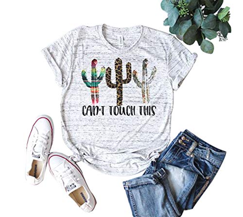 Product Cover Women's Funny Cactus Graphic T-Shirts Can't Touch This Short Sleeve Summer Tops Size L (White)