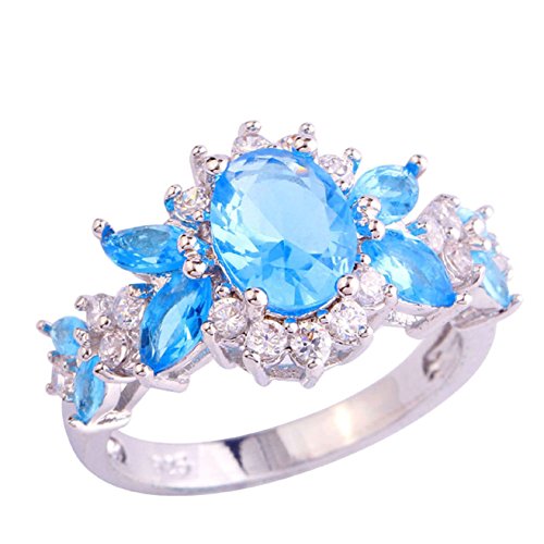 Product Cover Emsione 925 Sterling Silver Plated Created Blue Topaz Cluster Women Band Ring Size 7