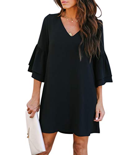 Product Cover BELONGSCI Women's Dress Sweet & Cute V-Neck Bell Sleeve Shift Dress Mini Dress Black