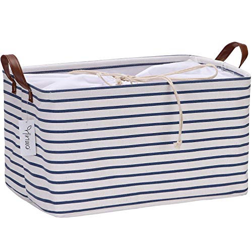 Product Cover Hinwo 31L Large Capacity Storage Basket Canvas Fabric Storage Bin Collapsible Storage Box with PU Leather Handles and Drawstring Closure, 16.5 by 11.8 inches, Navy Blue Stripe